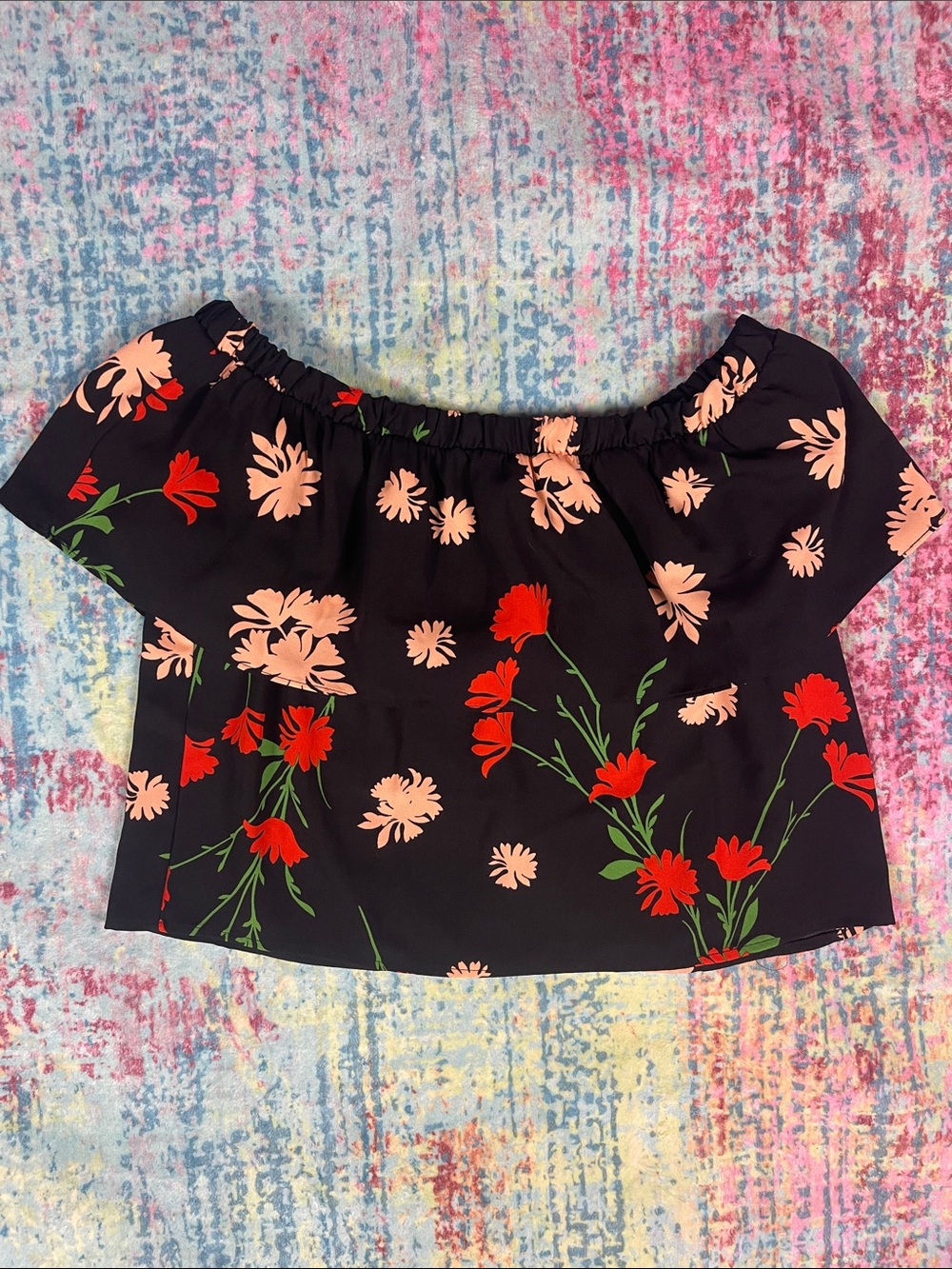 Topshop Black Off-Shoulder Crop Top with Red & Pink Floral Print